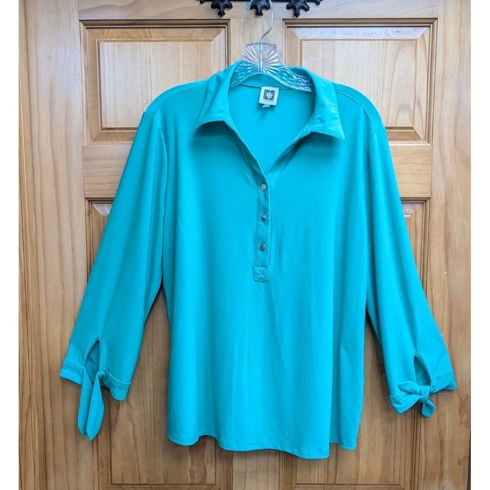 Anne Klein Women's Large Top Green 3/4 Tie Sleeves Button-Down Halfway Shirt